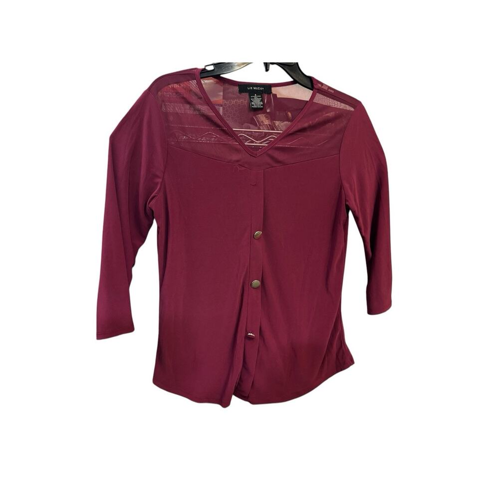 Liz McCoy Burgundy Red 3/4 Sleeve Blouse Top Size Small